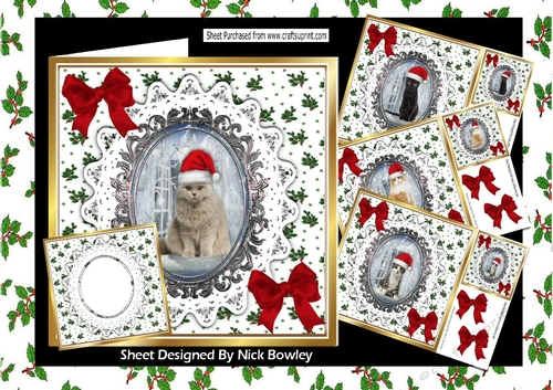  4 Lovely Cats in santa hats on lace, red bows card fronts 8x8 mini kit ( SET ONE)
