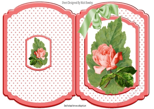 Pretty pink rose on a big leaf with bow/stars bracket card