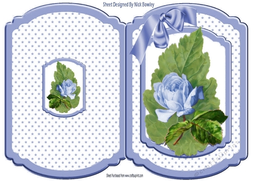 Pretty blue rose on a big leaf with bow/stars bracket card