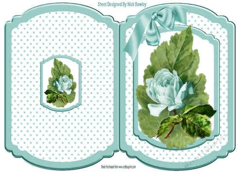 Pretty turq rose on a big leaf with bow/stars bracket card