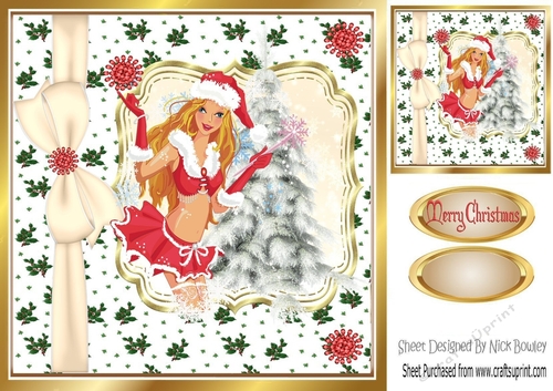 Christmas faerie with wand in holly frame with bow 8x8