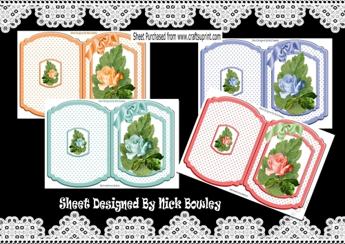  4 Pretty roses on a big leaf with bow/stars bracket card Mini kit