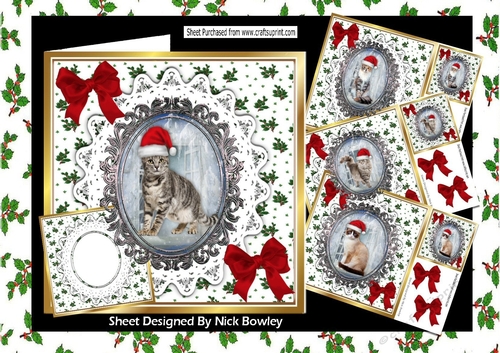 4 Lovely Cats in santa hats on lace, red bows card fronts 8x8 mini kit ( SET TWO)