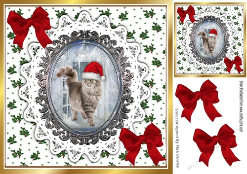 Cute Cat in santa hat walking, on a lace card front with, red bows (one) 8x8