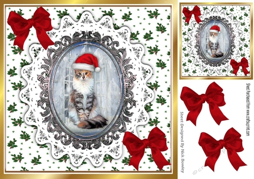 Cute tortoiseshell cat in santa hat, on a lace card front with, red bows (two) 8x8