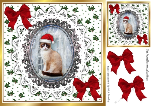 Cute siamese cat in santa hat, on a lace card front with, red bows (three) 8x8