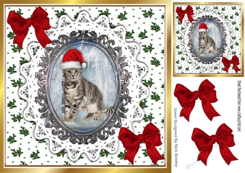 Cute cat posing in santa hat, on a lace card front with, red bows (four) 8x8