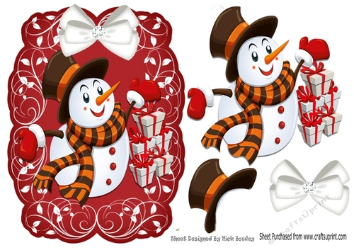 Lovely snowman with gifts on a scroll mat with bow