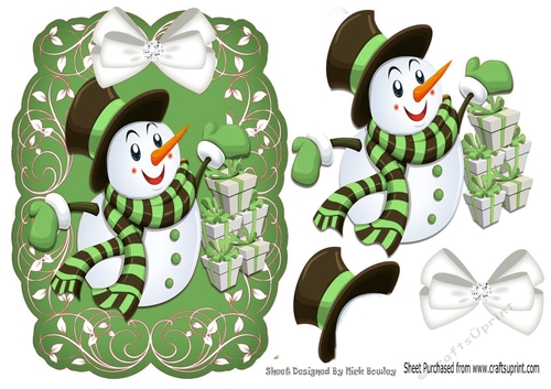 Lovely snowman with gifts on a scroll green mat with bow