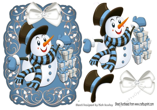 Lovely snowman with gifts on a scroll blue mat with bow
