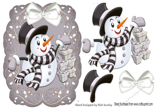 Lovely snowman with gifts on a scroll silver mat with bow