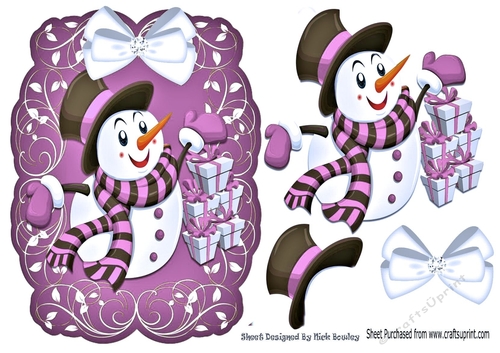 Lovely snowman with gifts on a scroll purple mat with bow
