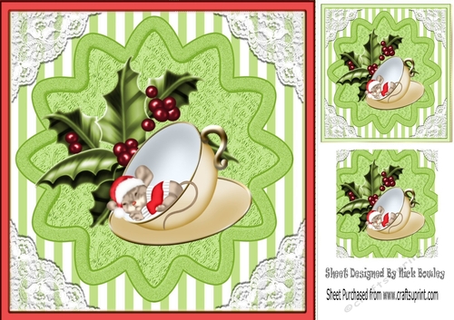 Cute little mouse in santa hat sleeping in teacup with holly 8x8