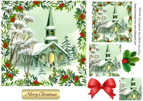 Lovely christmas church scene in holly/berrry frame with pyramids 7x7