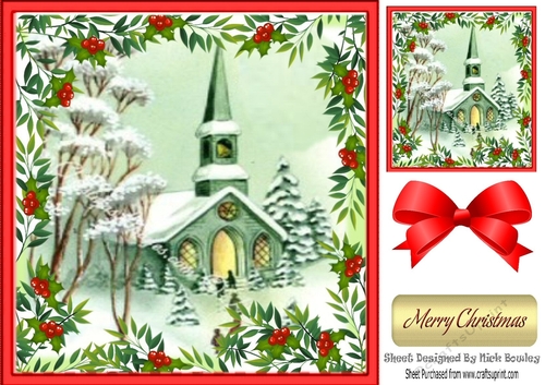 Lovely christmas church scene in holly/berrry 8x8 frame 