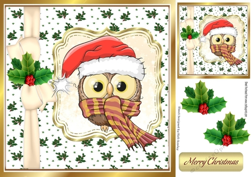Cute owl in santa hat in  holly frame with bow 8x8