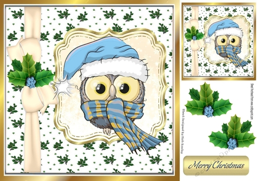 Cute owl in  blue santa hat in  holly frame with bow 8x8