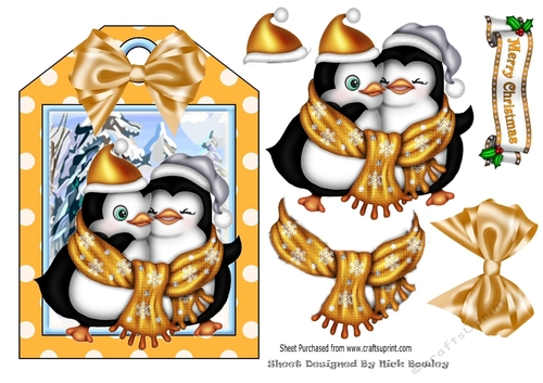 Lovely cuddle penguins with spot tag and gold bow topper