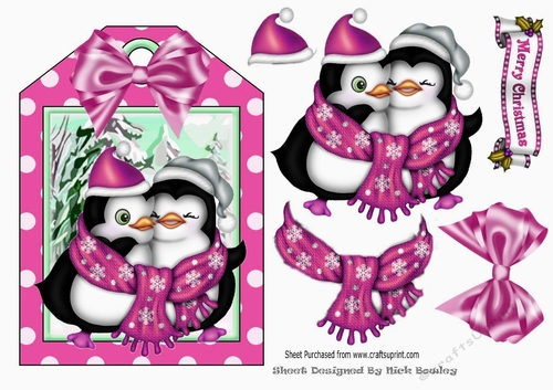 Lovely cuddle penguins with spot tag and pink bow topper