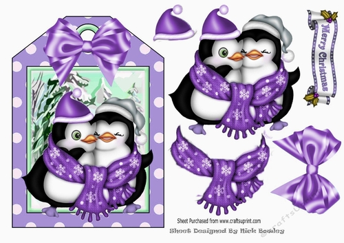 Lovely cuddle penguins with spot tag and purple bow topper