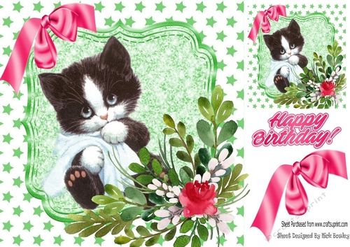 Cute kitten with blanket, and water colour pink flowers & bow 8x8