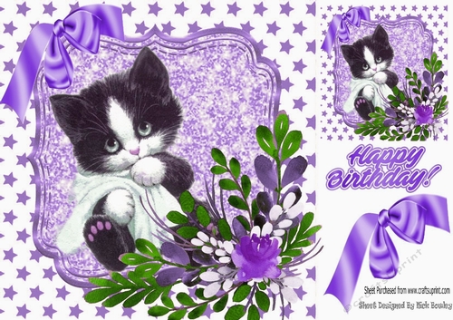 Cute kitten with blanket, and water colour purple flowers & bow 8x8