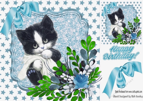 Cute kitten with blanket, and water colour turq flowers & bow 8x8