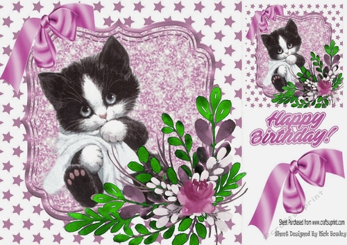 Cute kitten with blanket, and water colour lilac flowers & bow 8x8