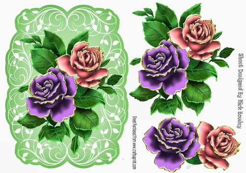 pretty purple/pink roses gold edge, on a  green leaf topper