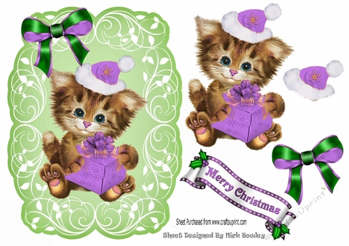Cute kitten in santa hat on leaf topper with purple bow