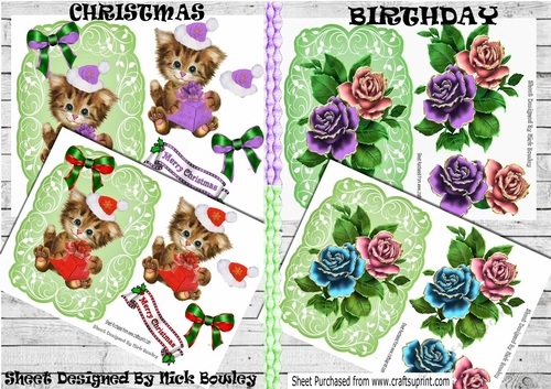  4 toppers (TWO CHRISTMAS) Kittens/(TWO BIRTHDAY) Roses