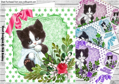  4 Cute kittens with blankets ,water colour flowers card fronts 8x8 mini kit
