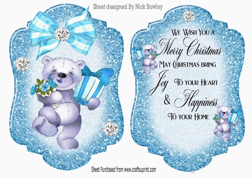 Lovely Teddy with presents and blue bow Card front & insert A5