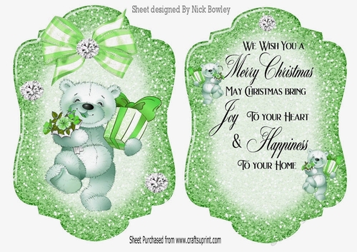 Lovely Teddy with presents and green bow Card front & insert A5