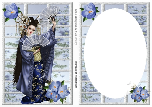 Pretty oriental girl with flowers A5 card front/insert (blue)