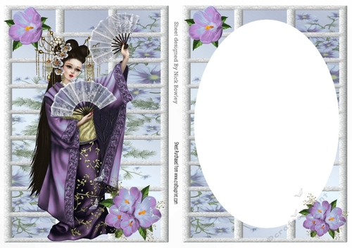 Pretty oriental girl with flowers A5 card front/insert (lilac)