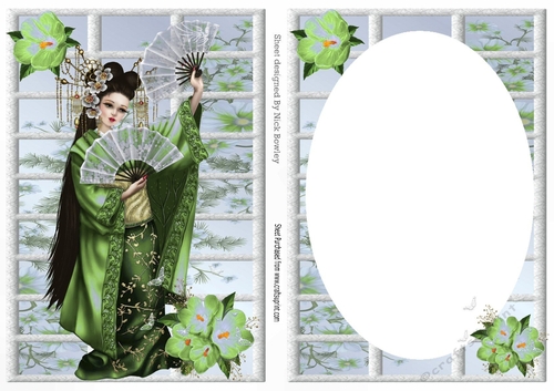 Pretty oriental girl with flowers A5 card front/insert (green)