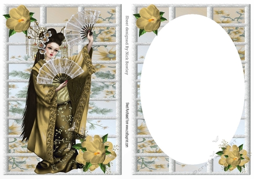 Pretty oriental girl with flowers A5 card front/insert (gold)