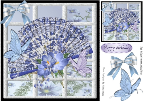 Pretty window ornate blue oriental fan with butterflies 8x8 