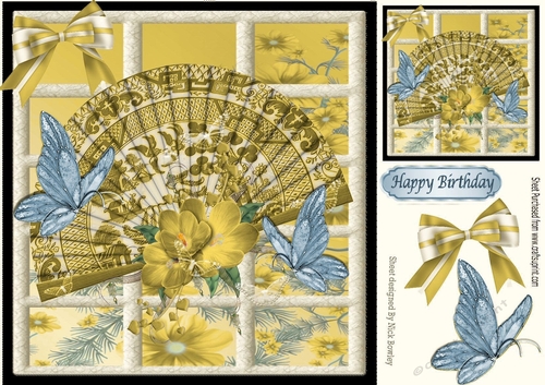Pretty window ornate gold oriental fan with butterflies 8x8