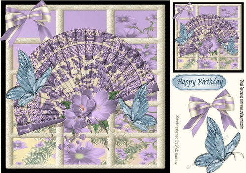 Pretty window ornate lilac oriental fan with butterflies 8x8