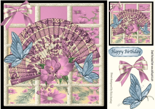 Pretty window ornate pink oriental fan with butterflies 8x8