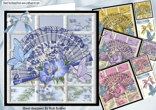 4 Pretty window ornate oriental fans with butterflies card fronts 8x8 mini kit