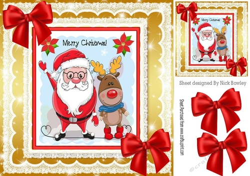Lovely santa with reindeer with stars and red bows 8x8