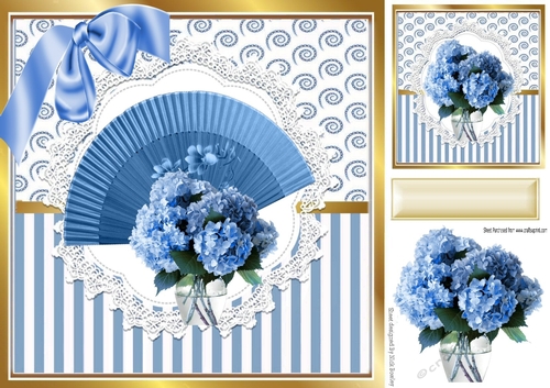 Pretty blue fan with vase of flowers in ornate card front 8x8