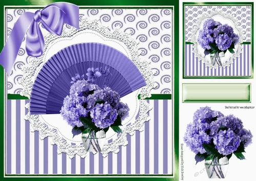 Pretty purple fan with vase of flowers in ornate card front 8x8