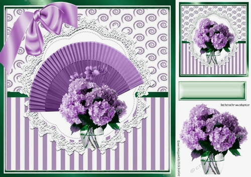 Pretty lilac fan with vase of flowers in ornate card front 8x8