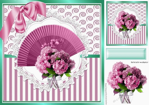 Pretty pink fan with vase of flowers in ornate card front 8x8