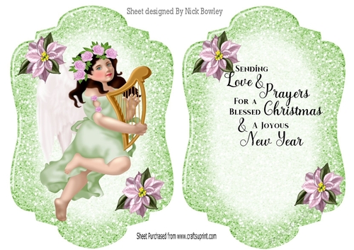 Christmas Angel Green card front A4 with  Blessed verse