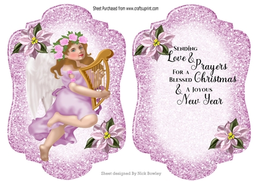 Christmas Angel lilac card front A4 with  Blessed verse